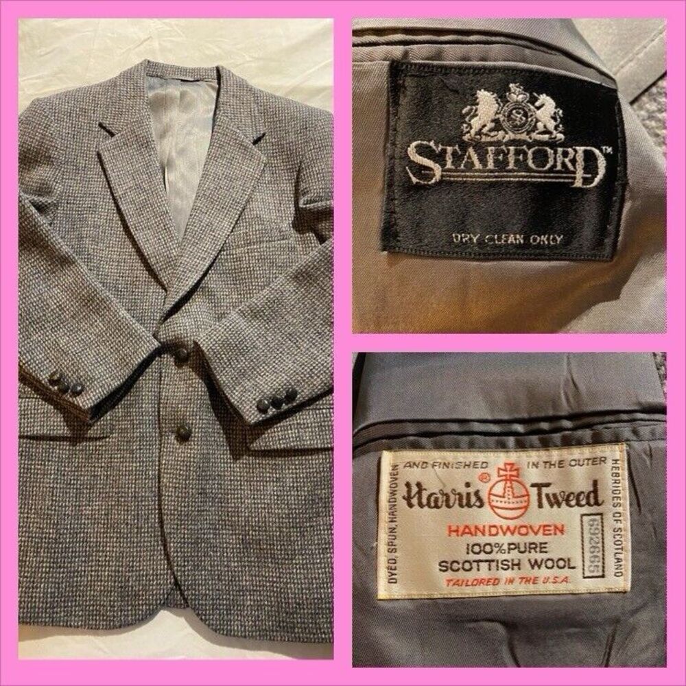 Stafford Harris Tweed Blazer 40R Gray Wool Houndstooth Coat Jacket Scottish Wool